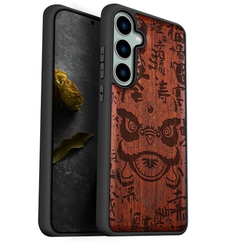 Coque bois Galaxy S23 FE gravée lion chinois, étui de protection haut de gamme