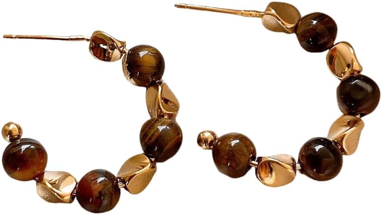 Big Tiger Eye Beads Earrings Hoop Earrings Nature Stone Bohemian Half Open Hoop Large Drop for Fashion Jewelry