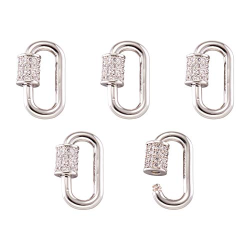 Pandahall 5pcs Mini Oval Real Platinum Plated Screw Locking Carabiner Keychain Clip Brass Micro Pave Cubic Zirconia Key Carabiner Hook Clasps Quick Link for Jewelry Making Supplies