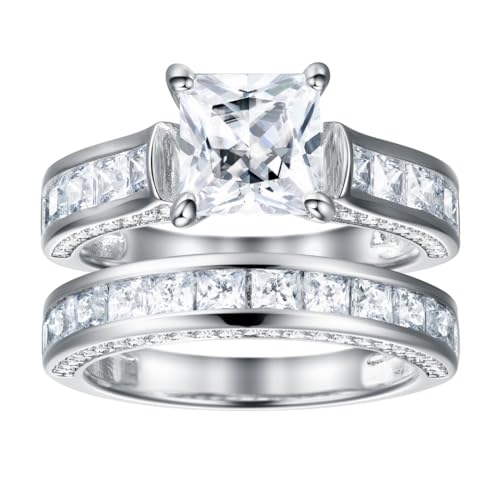 5Ct 925 Sterling Silver Cubic Zirconia Princess Cut Bridal Ring Set CZ Engagement Ring for Women Size 5-102