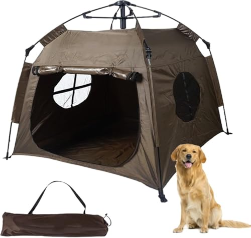 Hubiuyoペットテント 犬用ワンタッチ キャンプ用 大型 犬 折りたたみ 簡易 防水性 通気性 日焼け止め ポータブル ポップアップ 犬猫小屋 室内屋外 アウトドア 登山 防災用 (ブラウン)