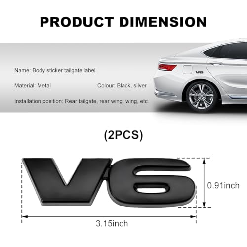 Image of 2 PCS V6 Metal Emblem, 3D V6 Nameplate Logo Badge Sticker Car Bumper Decal, Self-Adhesive Metal Emblem Sticker Exterior Decor for Vehicle Trunk Tailgate Side Fender (Black)