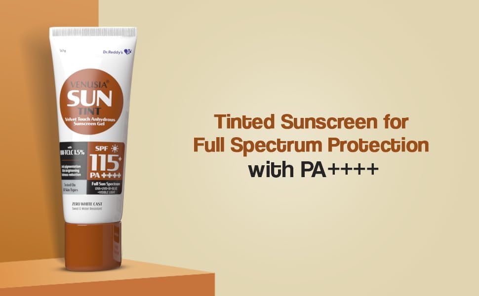 Image of Venussia Sun Tint Sunscreen Gel, SPF 115 PA++++, IBR TCLC 15%, Full Spectrum Protection, Matte Finish, Zero White Cast, All Skin Types, 50g