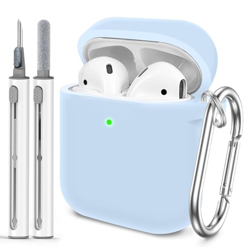 Woyinger for AirPods Case Cover, Come with Cleaner Kit, Soft Silicone Protective Cover with Buckle, Compatible with Apple AirPods 2nd 1st Generation Charging Case, Front LED Visible, Sky Blue