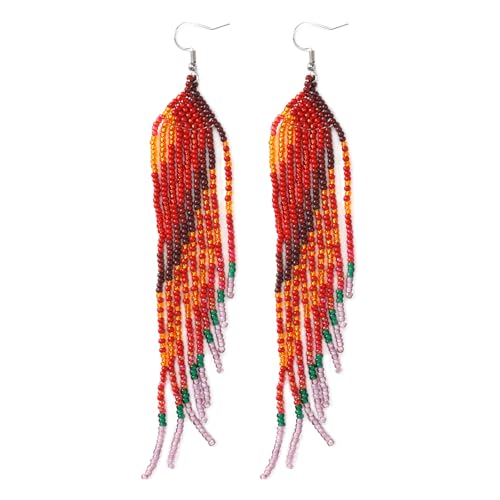 SHINUS BOHO Red Beaded Earrings for Women Dangling,Unique Colorful Seed Beads Ink and Alloy Earrings...
