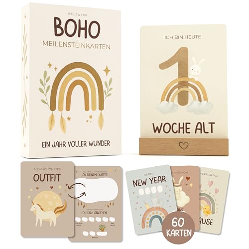 WELTWERK Meilensteinkarten Baby [Boho] 60 Monatskarten mit beschreibbaren Rückseiten – inkl. Geschenkbox und Holzaufsteller – Geschenk zur Schwangerschaft, Babyshower und Geburt