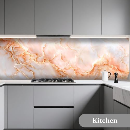 Image of Nuxovilar Peach Gold Marble Vein Wallpaper Peel and Stick 16x39in | Adhesive Foil Modern Decal Marble Wrap Surface Guard Accent Wall Living Bedroom Bathroom Furniture (Marble Vein)