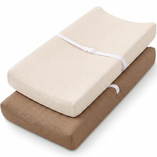 Image of Muslin Changing Pad Cover, Baby Diaper Changing Table Pad Sheets, Cotton Soft Breathable Fitted, Boys Girls Neutral 2 Pack (Brown&Beige)