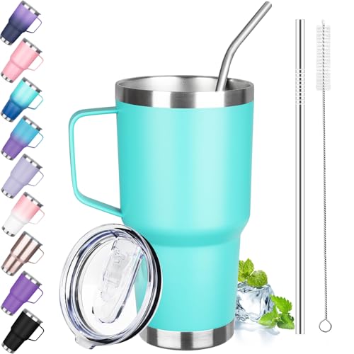 Image of 30 oz Tumbler with Handle, Stainless Steel Insulated Tumbler with Lid and Straw, Double Wall Vacuum Insulated Coffee Mug Tumbler, Insulated Coffee Thermal Cup for Cold and Hot (Mint Green)