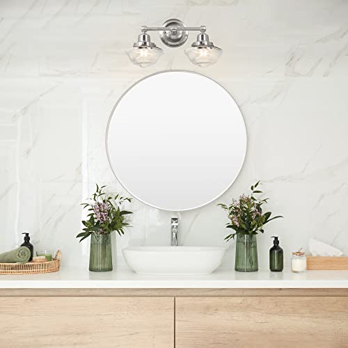 Image of Design House Vintage-Inspired Schoolhouse 2-Light Dimmable Vanity Light, 16.875 in x 7.625 in x 9.5 in, Satin Nickel, Clear Seeded Glass Shades, 589135-SN