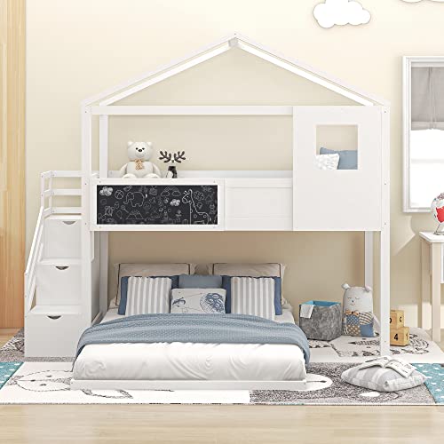 Harper & Bright Designs Twin Over Full House Bunk Bed With Stairs And Blackboard, Wood Floor Bunk Bed Frame With Storage Staircase, For Kids Teens (White) #TOP12