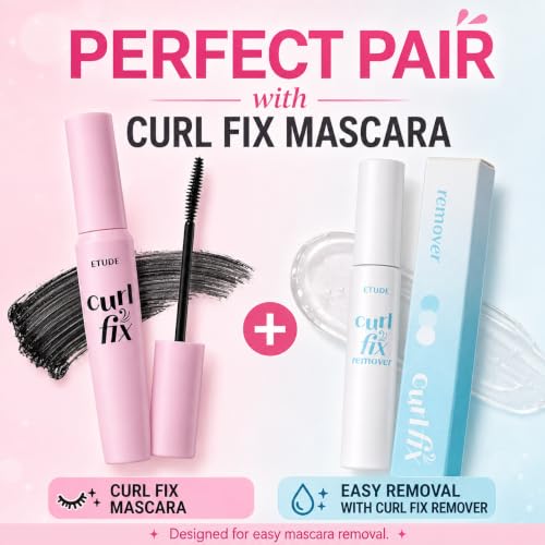 Image of ETUDE Curl Fix Waterproof Mascara, Long-Lasting Curl, Black, 0.27 fl oz | Korean waterproof mascara, Lightweight, vegan, defined black lashes and long-lasting curl without smudging.