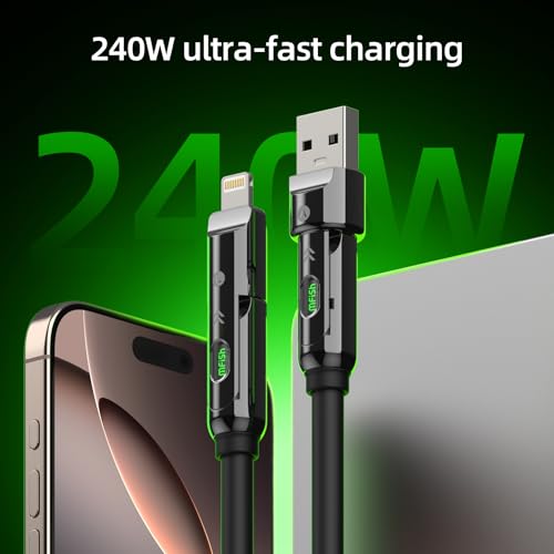 Image of MFish 4 in 1 Charging Cable, 240W Max Fast Charger Cord 10FT with Carrying Case, Silicone USB A /C to Lightning /C with Light, Multi Universal Cable for iPhone 17 /16 /MacBook /iPad /Laptop /Carplay, Black