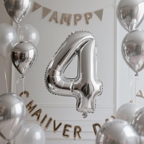 Image of Number Balloons 4 Balloon Silver for 4th Birthday Party Decoration, 40 inch | Saturated Color, Large 40 inch, With Straw & Hanging Hole, For Back-To-School Season, Anniversary, Christmas, New Year