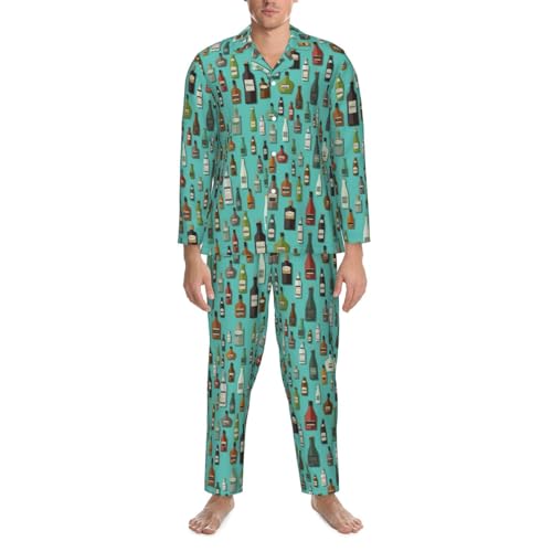 Colorful Glass Bottle Mens Pajamas Set Button Down Sleepwear Set Long Sleeve Loungewear With Pockets