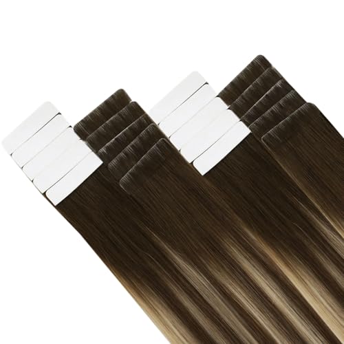 Image of LaaVoo Injection Tape in Hair Extensions Seamless Injectable Tape in Hair Extensions Human Hair Brown to Blonde Balayage Tape on Human Hair Extensions 14 Inch 40g 20Pcs