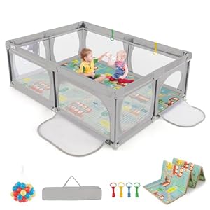 COSTWAY Baby Playpen, 206 x 147cm Extra Large Toddler Fence with Mat, Ocean Balls, Pull Rings, Breathable Mesh, Indoor Outdoor Infants Activity Play Yard for Babies and Toddlers