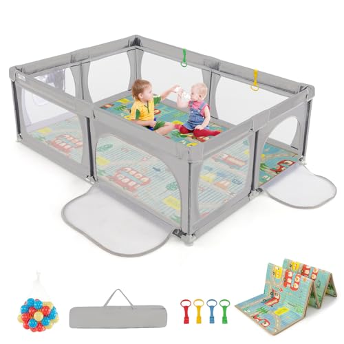 COSTWAY Baby Playpen, 206 x 147cm Extra Large Toddler Fence with Mat, Ocean Balls, Pull Rings, Breathable Mesh, Indoor Outdoor Infants Activity Play Yard for Babies and Toddlers