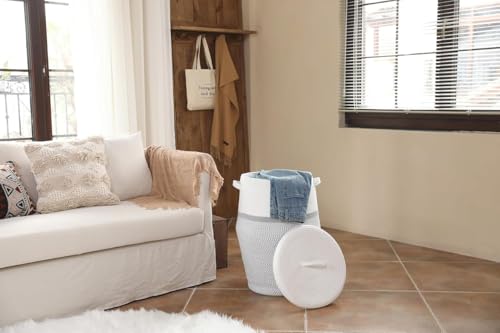 Image of Storage Cotton Rope Basket and Laundry Hamper for Dirty Clothes, Towels, Blankets, Pillows Storage in Living Room, Laundry Room and Bedroom (Grey White With Lid, 15x18 Inch)