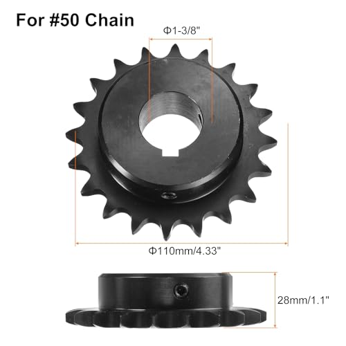 Image of uxcell #50 Chain Roller Sprocket B Type, 1-1 /4 inch Bore 20 Tooth Single Strand Chain Sprocket, Carbon Steel, Keyway with Set Screws