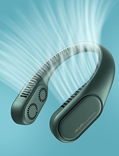 JISULIFE Portable Neck Fan, Bladeless Rechargeable Cooling Fan, 4000mAh Battery Operated Personal Fan, 3 Speeds 58 Air Outlets Small Wearable Fan, Headphone Quiet Leafless Safe Design - Green