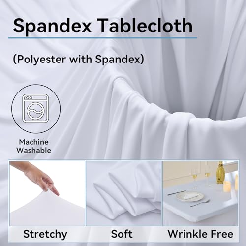Image of 2 pk White Spandex Tablecloth 4ft with Ruffle Table Skirt, Wrinkle Free High Stretch Fitted Tablecloths for 6 Foot Rectangle Tables, Elastic Spandex Table Covers 6ft for Parties Weddings Banquet