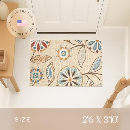 Maples Rugs Reggie Floral Kitchen Rug - Made in USA - Washable, Non Slip Indoor Carpet for Entryway, Foyer, Kitchen, and Bathroom, 2'6 x 3'10, Beige