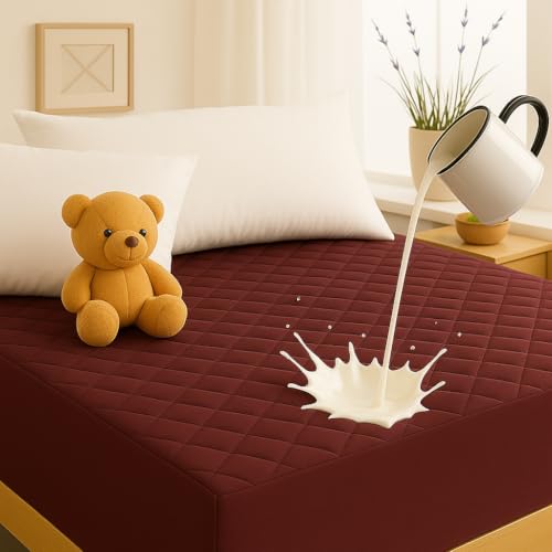 Image of Waterproof Cotton Quilted - Breathable, Hypoallergenic, Noiseless Ultra Soft Fitted Bed Cover with 3 Layers of Protection, 100% Waterproof, No-Slip Design | Maroon, Single (36 * 78)