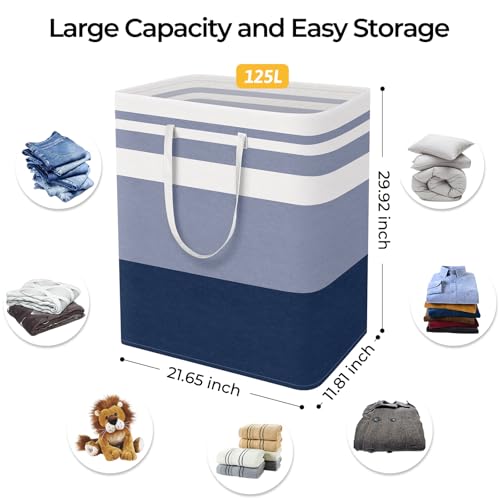 HomeHacks 2-Pack Large Laundry Basket, Waterproof, Freestanding Laundry Hamper, Collapsible Tall Clothes Hamper with Extended Handles for Clothes Toys in the Dorm and Family (Blue, 125L)