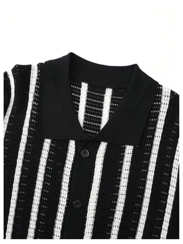 GORGLITTER Men's Striped Button Up Knitted Shirts Short Sleeve Collar Crochet Cardigan Sweaters Old Money Clothes4