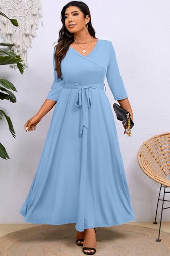 Image of Runwind Plus Size Dress for Women - 3 /4 Sleeve V Neck Maxi Dresses for Women (XL-6XL)