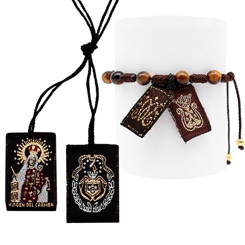 Escapulario de la Virgen del Carmen y Pulsera Hecha a Mano Escapulario Catolico Brown Scapular of Our Lady of Mount Carmel and Friendship Bracelet Adjustable String Cord