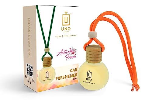 Image of UNO AROMA Active Fresh Car Air Freshener, 15ml, Long Lasting Hanging car perfume, Toxin-Free Oil in Glass Bottle with Wooden Diffuser, Car Accessories for fresh aroma, Last Upto-60 Days