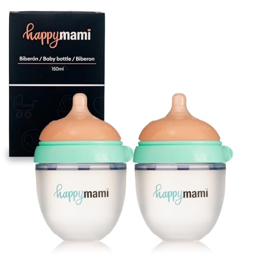 HappyMami, Set de 2 Biberones Personalizables, Tetina de Silicona Grado Alimentario, Doble Sistema Anticólicos, Apto para Lavavajillas, Calientabiberones, Para todo tipo de Lactancia (Turquesa, 150ml) HappyMami, Set de 2 Biberones Personalizables, Tetina de Silicona Grado Alimentario, Doble Sistema Anticólicos, Apto para Lavavajillas, Calientabiberones, Para todo tipo de Lactancia (Turquesa, 150ml)
