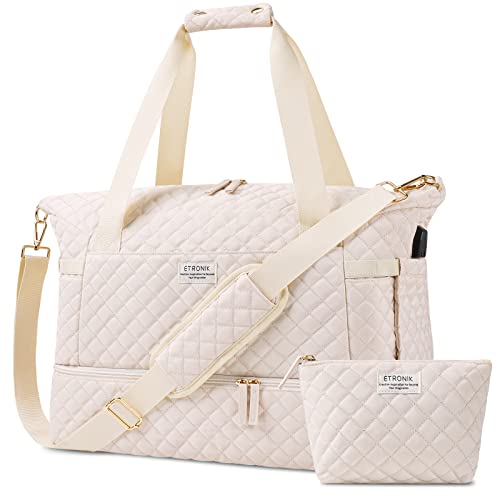 Weekender Bag for Women, Travel Duffel Bag with USB Charging Port, Weekender Overnight Bag with Wet Pocket and Shoes Compartment for Women (Beige)