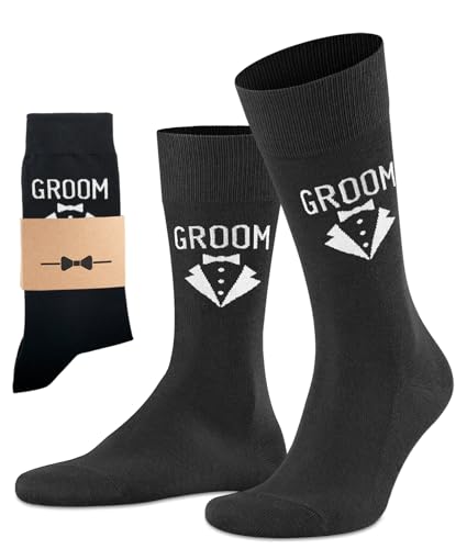 BUENWAZ Groom Socks for Wedding Day 1 Pair Dress Socks for Groom with Kraft Paper Gift Package Size 8-12 (Black)