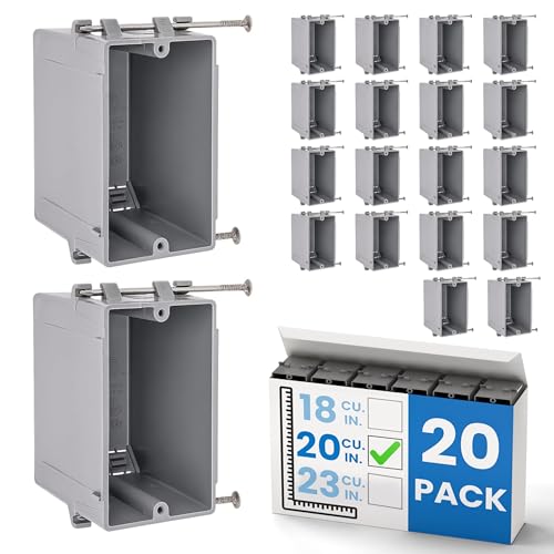 OHLECTRIC 1-Gang New Work Outlet Box 20 Cubic Inch (20-Pack) Single Gang PVC Electrical Box Captive Nail Mounting Non-Metallic PPO/PVC Plastic Construction Boxes GFCI Outlets Dimmers UL/ETL Listed