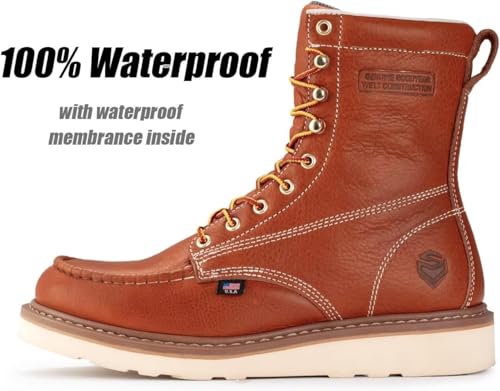 SUREWAY Mens 8 in Wedge Moc Soft/Steel Toe Work Boots for Men,Full-Grain Leather,Goodyear Welt,EH,Safety Industrial Construction Boots/Shoes for Women,Waterproof Soft Toe Light BROWN,Size 132