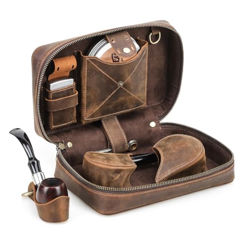Pipe Tobacco Pouch with Pipe Stand Full Grain Leather Tobacco Pipe Accessories Bag Handmade Travel Organizer for 2 Pipes, Lighter, Cigarette