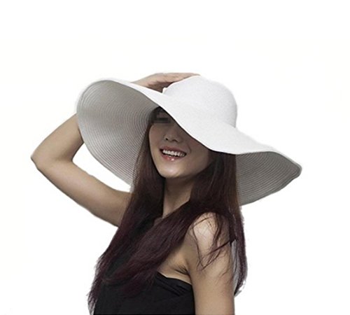 Sombrero de paja para mujer y niña, de color puro, plegable, ala ancha, elegante, con lazo, estilo bohemio, para verano, playa, UPF 50+, Blanco, Talla única