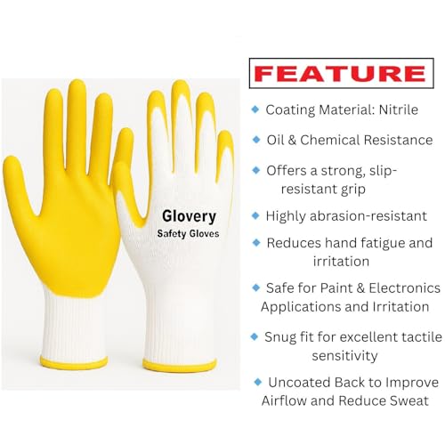 Image of Nylon Safety Work Gloves with Nitrile Coating - Industrial-Grade Protection for Cleaning, Warehouse, Mechanics, Construction - Durable, Flexible, Non-Slip Grip (White & Yellow, 10 Pair)