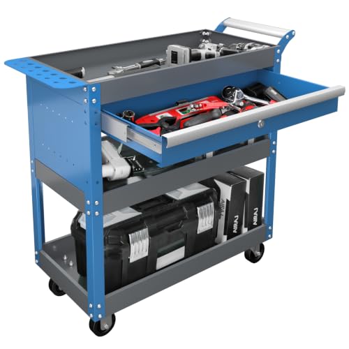 AIRAJ 3-Tier Tool Trolley on Wheels Heavy Duty Mechanic Tool Cart with Drawers Utility Trolley for Garage Repair Room Warehouse Workshop Load Capacity 200KG
