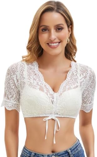 Goxozzy Dirndl Bluse Damen Oktoberfest Trachtenbluse V Ausschnitt Spitze Kurzarm Weiß Größen 34-44