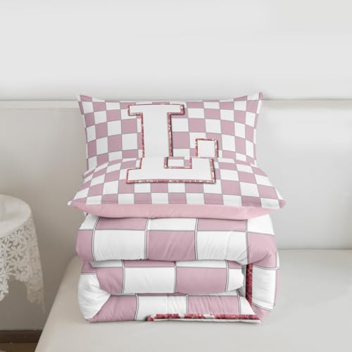 Image of Erosebridal Pink Initial L Comforter Set Full Kawaii Plaid Checkered Bedding Set Cute Personalized Monogram Comforter for Kids Girls Teen Women,Fashion Grids Gingham Quilt Duvet