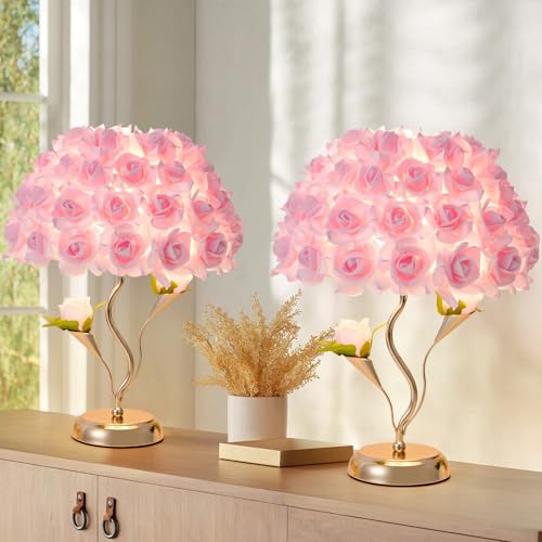 ZYLEISENBAO Pink Flowers Lamp Fabric Rose Table Lamp Cute Flower Desk Lamp Creative Bedroom Nightstand Light for Wedding Deco Valentines Dating Party Living Room Hotel Office Study Room — view 2