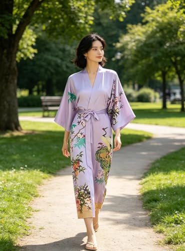 Image of Women's Classic 100% Silk Kimono Robe, Bathrobe-Printed Pattern