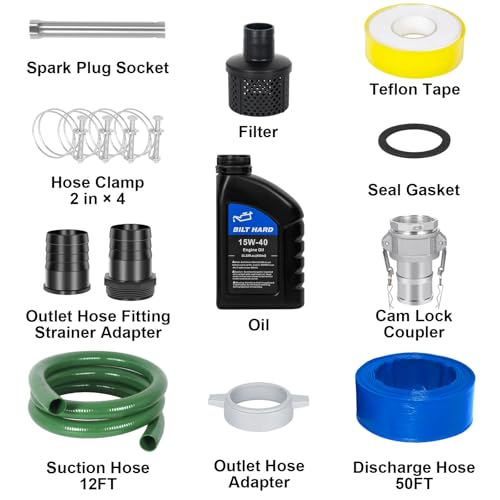 BILT HARD Semi Trash Pump 2 inch, 158 GPM 7HP Gas Powered Water Pump, 212cc 4-Cycle Engine with 50 ft Discharge Hose, 12 ft Suction Hose and Complete Fittings, EPA Certified