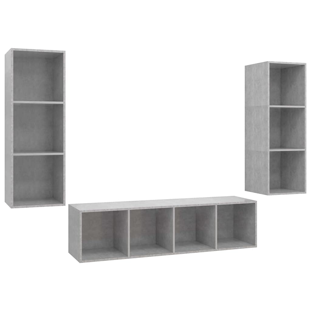 Juego de 3 armarios colgantes para TV, madera gris hormigón, moderno centro multimedia para sala de estar, consola de TV versátil, elegante mobiliario de entretenimiento