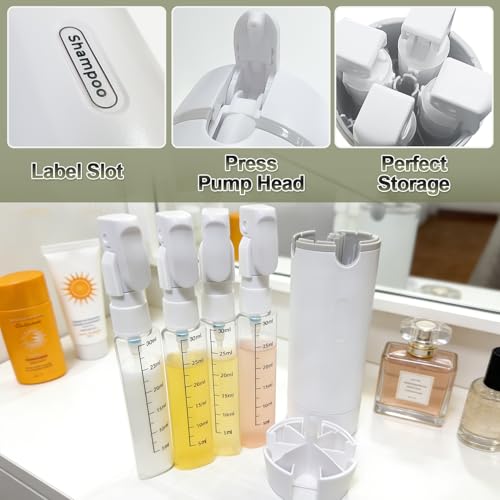 Image of 4 in 1 Travel Pump Dispenser Bottle, 30ml, 4 Pack Leakproof Pump Containers with Measuring Scale and Label Stickers, Portable Bottles for Toiletries, Shower and Travel, Green