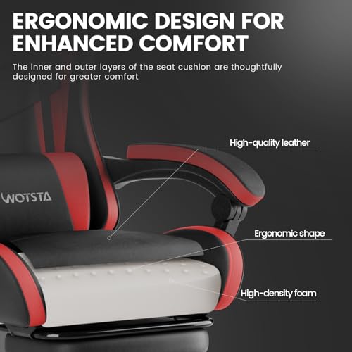Image of Ergonomic Gaming & Office Chair, Footrest, Racing Design Black /Red | PVC with headrest,lumbar, Adjustable Height recliner for adults 2D-Linkage Armrests for 300LBS